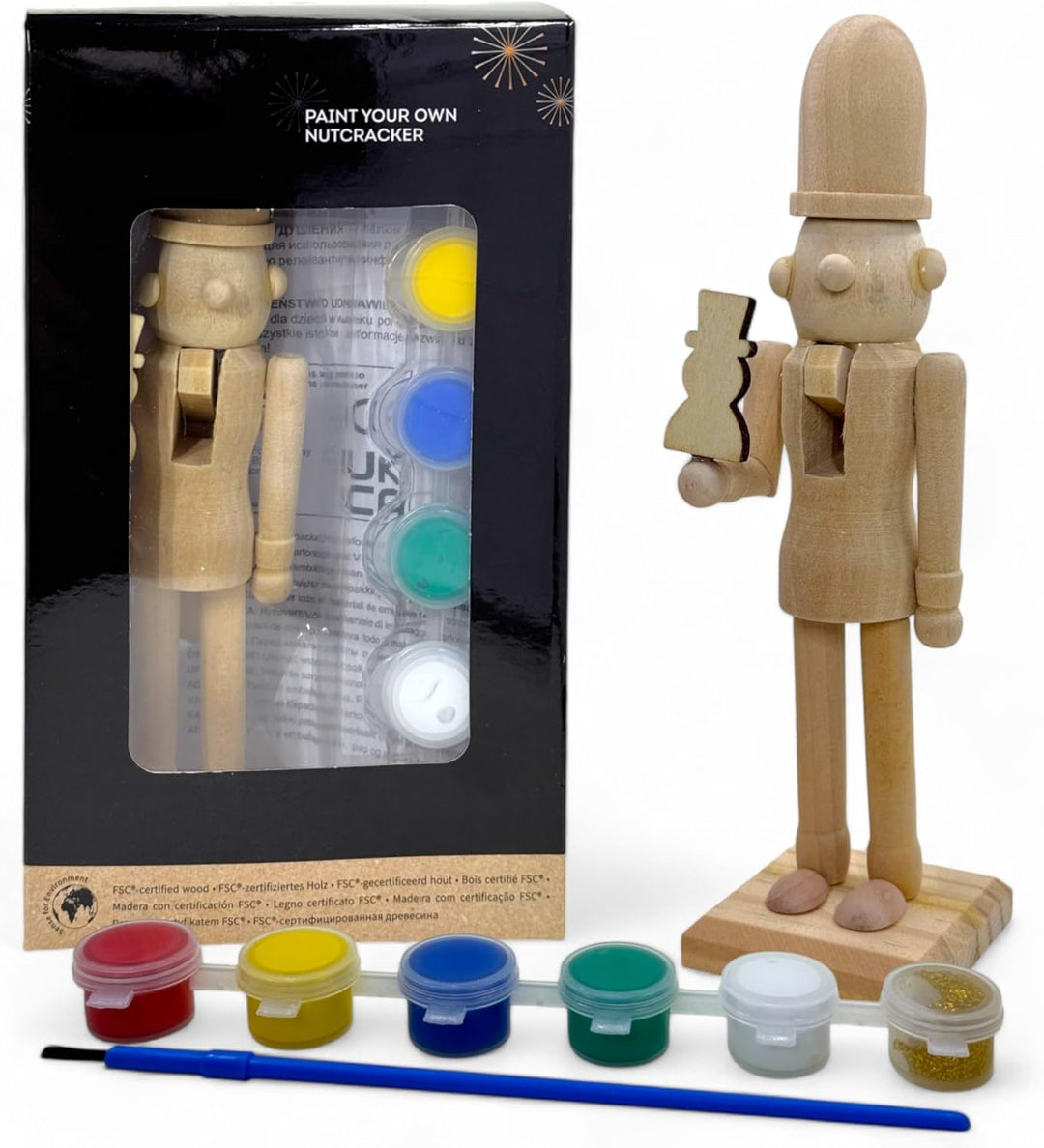 MIJOMA DIY Nussknacker Set aus Holz zum Selbstgestalten & Bemalen mit 6 Farben & Pinsel, 16cm hoch,