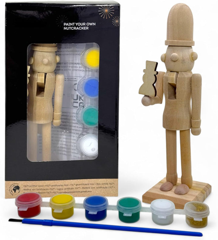 MIJOMA DIY Nussknacker Set aus Holz zum Selbstgestalten & Bemalen mit 6 Farben & Pinsel, 16cm hoch,