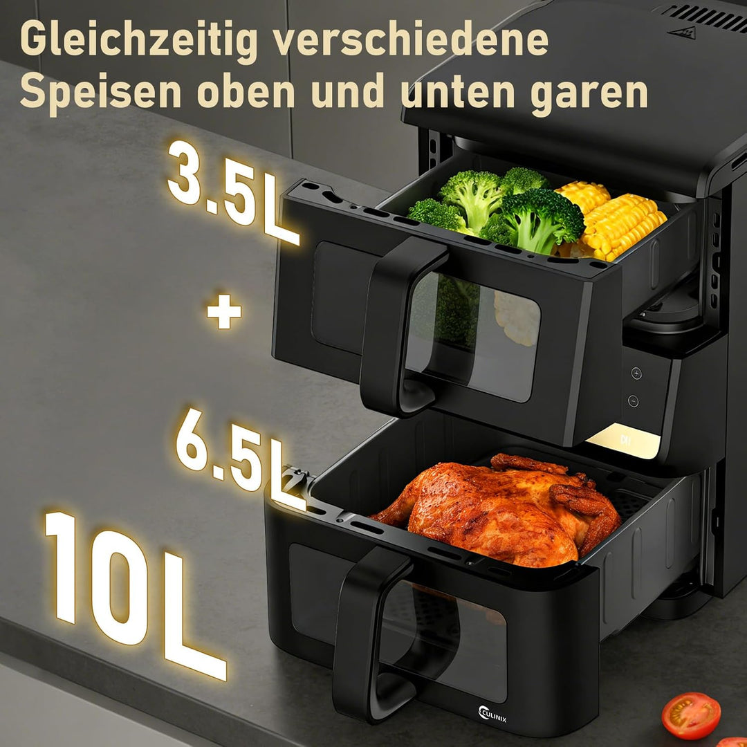 Heissluftfritteuse 2 Kammern, 10L Airfryer (3.5+6.5L) 10-in-1 vertikale Doppelkammer mit Dual & Sync