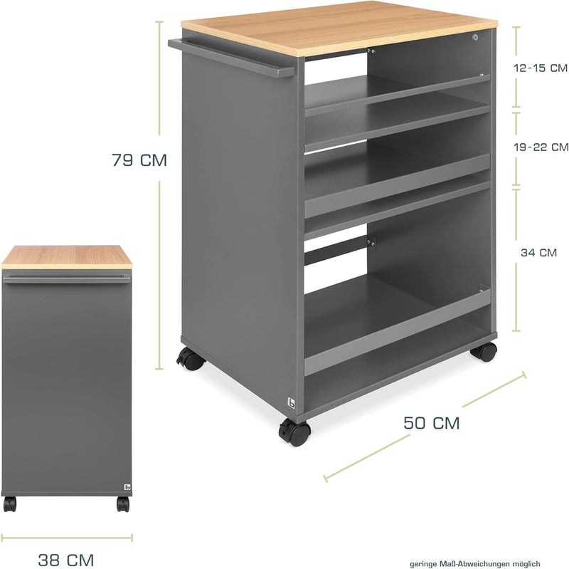 bomoe Nischenwagen Servierwagen auf Rollen mit 3 verstellbaren Ebenen & FSC® Holz Küchenwagen mit Ar