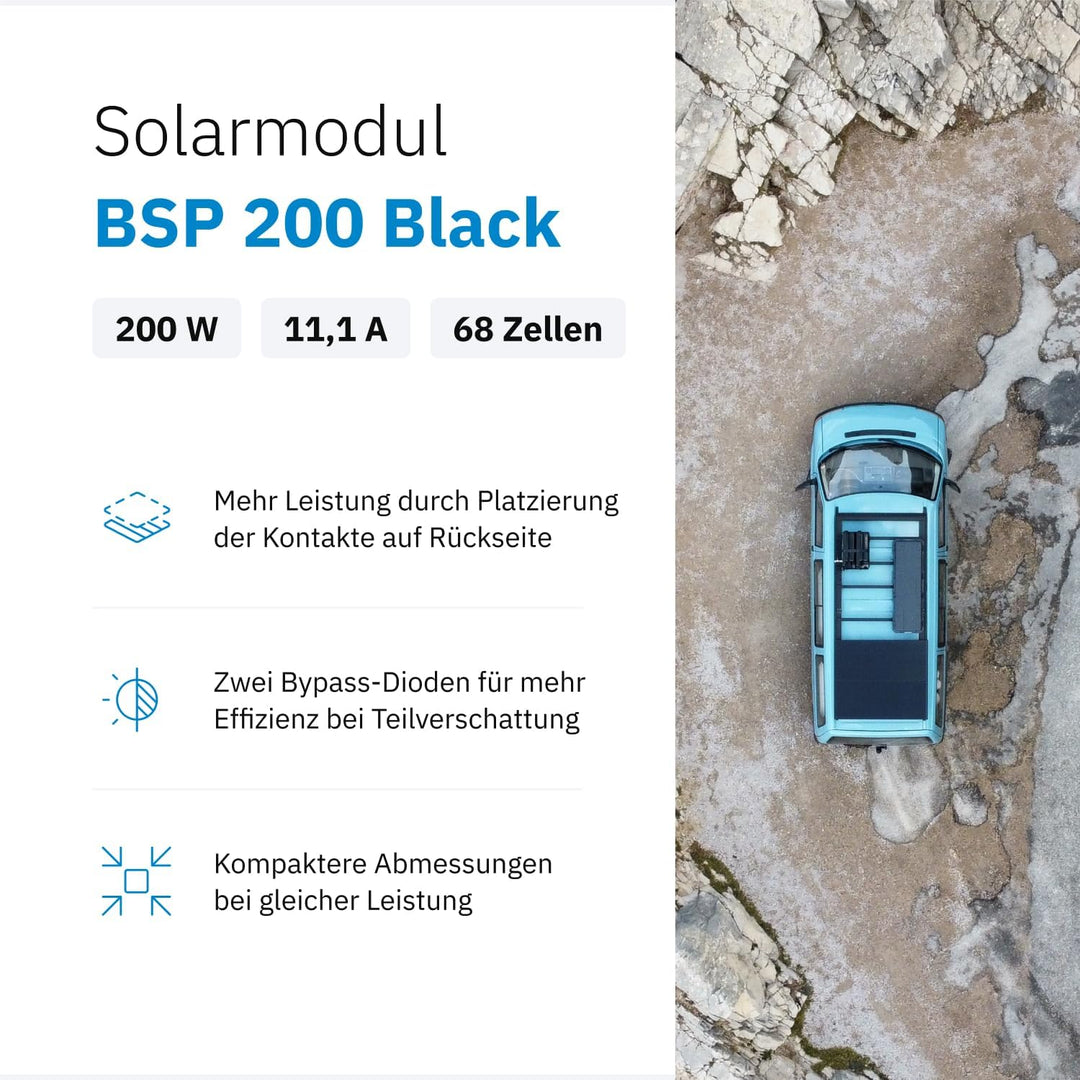 ECTIVE Solarpanel BSP 200 Black - 200W, 11,1A, 68 Zellen, für 12V 24V Batterieladeregler - Monokrist