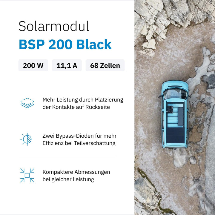 ECTIVE Solarpanel BSP 200 Black - 200W, 11,1A, 68 Zellen, für 12V 24V Batterieladeregler - Monokrist