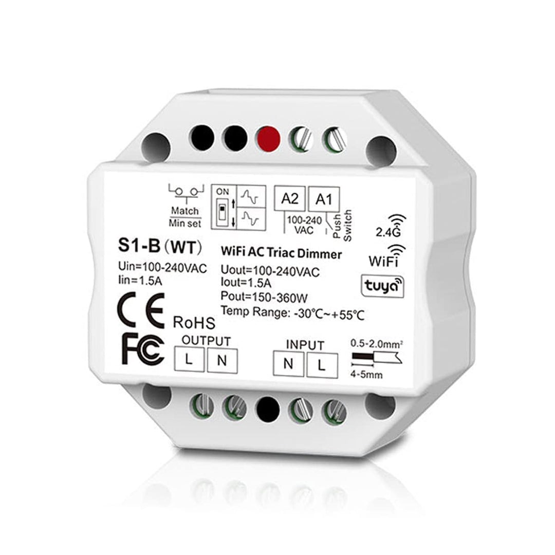 230V Dimmer mit Wifi + Funk + Push-Dim, TRIAC, universell einstellbar für LED mit Phasenan- oder Pha