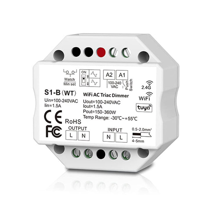 230V Dimmer mit Wifi + Funk + Push-Dim, TRIAC, universell einstellbar für LED mit Phasenan- oder Pha