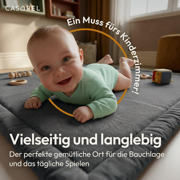 CASABEL Baby-Spielmatte aus Samt, dick und weich, 120x120cm, Grau | 2,5 cm dick, komfortabler Schaum