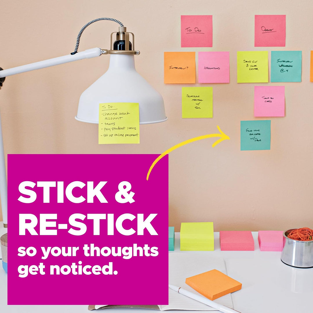 Post-it Super Haftnotizen, 10,2 x 10,2 cm, 3 Blöcke, 2 x Haftkraft, verschiedene helle Farben, linie