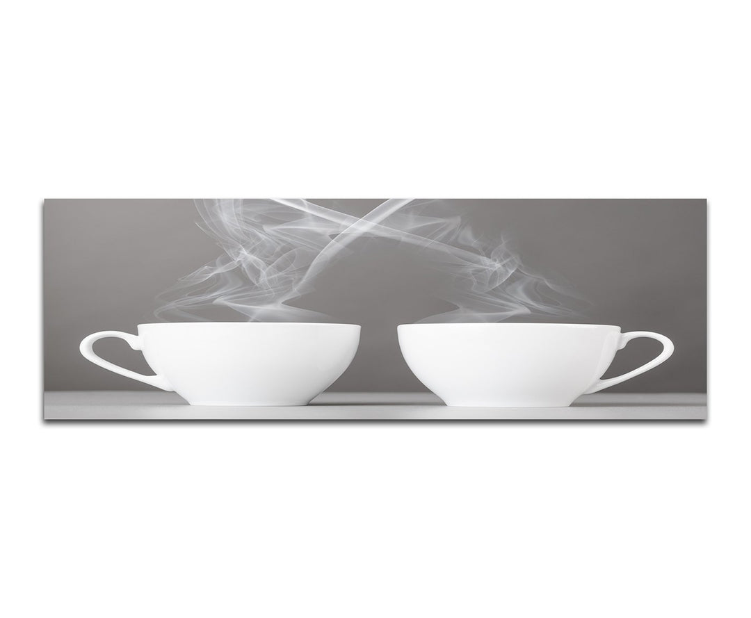 Panoramabild auf Leinwand und Keilrahmen 150x50cm Tassen Dampf Herz Kaffee Liebe