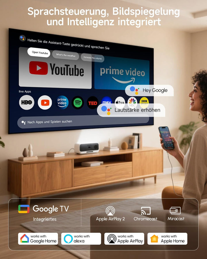 4K Beamer Google TV HDR10+, 2500 ANSI Lumen Tageslicht Heimkino Projektor mit WiFi Bluetooth HDMI AR