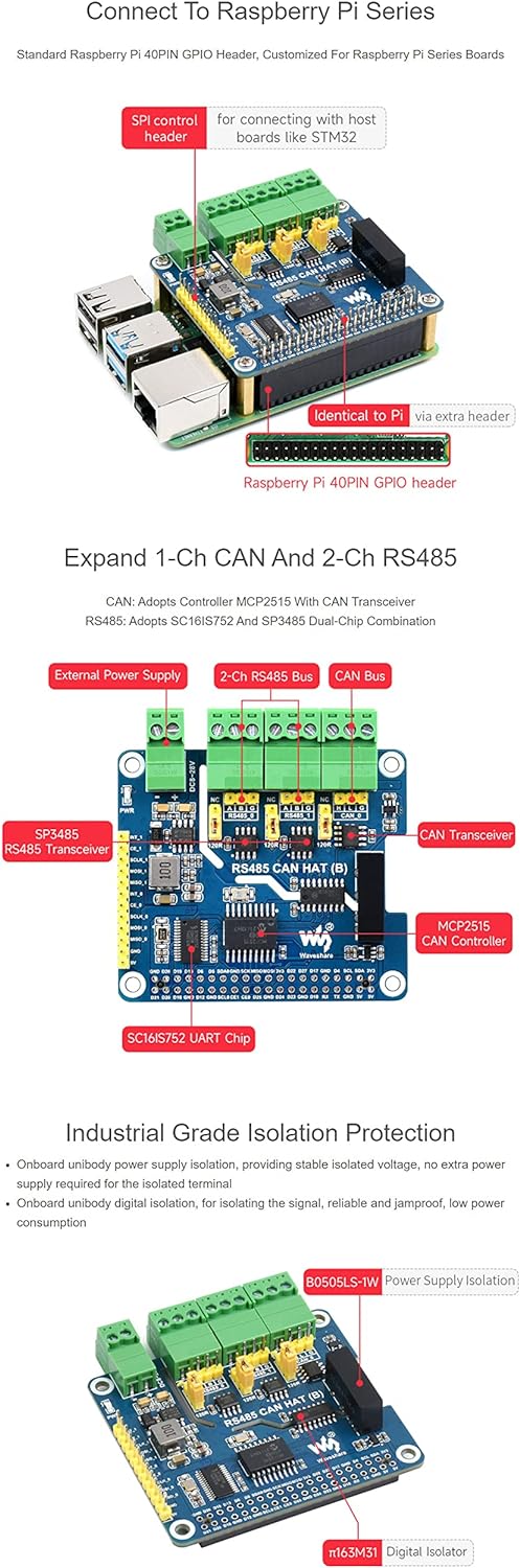Isolated RS485 CAN HAT (B) for Raspberry Pi Series, SPI Communication, 2-Ch RS485 and 1-Ch CAN, Conv