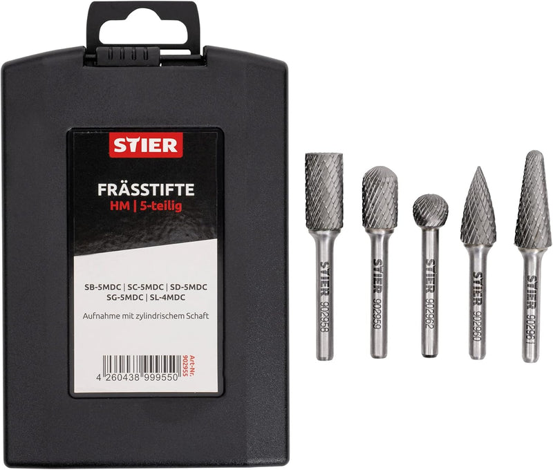 STIER Frässtifte-Set, 5-teilig, vielseitig einsetzbar für präzise Fräsarbeiten in Metall, Holz und K