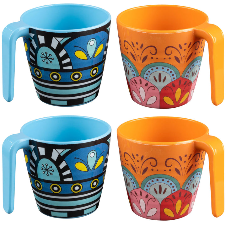 Melamin Geschirr Set Toskana Pastel für 4 Personen - Orange-Blau - Mandala-Optik Spülmaschinengeeign