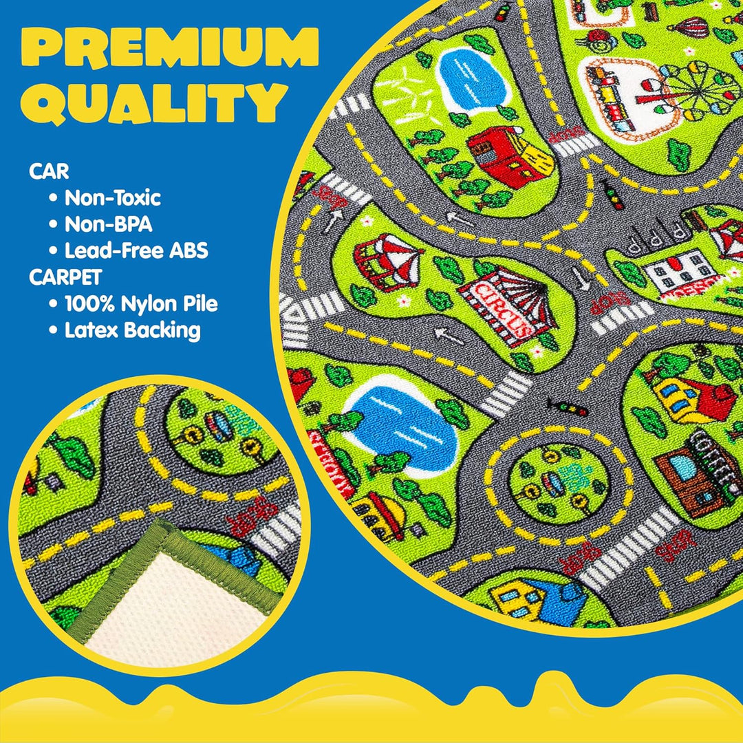 JOYIN Teppich Kinderzimmer 80x150cm mit 12 Mini Auto Spielzeug für Kinder, Spielteppich Strasse Kind