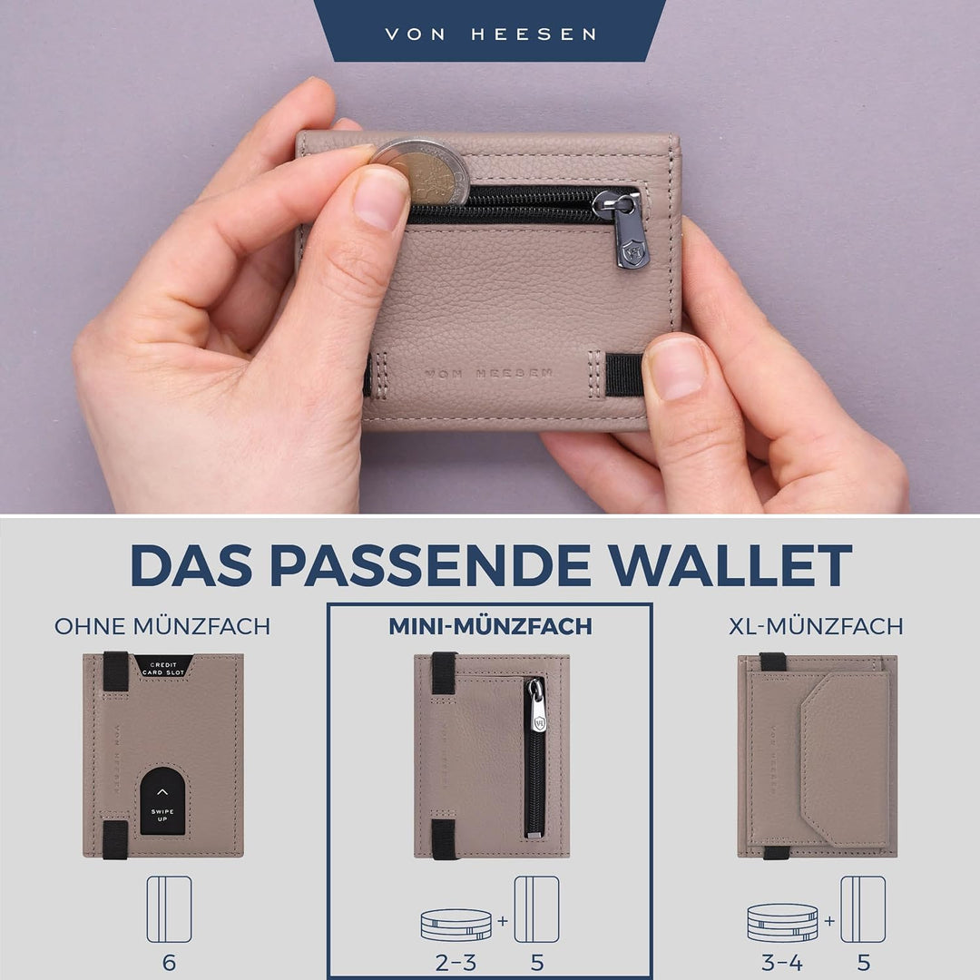 VON HEESEN Slim Wallet mit Münzfach &amp; RFID-Schutz - Leder Geldbeutel - Mini Geldbörse für Herren und