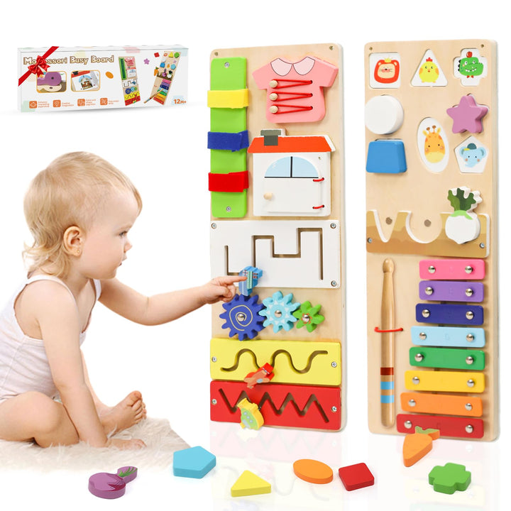 Montessori Spielzeug Busy Board ab 1 Jahr, Activity Board Baby Motorikbrett aus Holz, Reisespielzeug