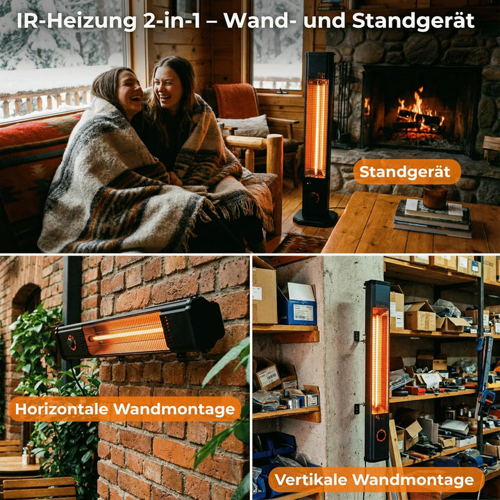 Infrarot Heizstrahler 2000W 8 Stufen, 2-in-1 Wandmontage Standgerät IP65 TOR Schwarz, Schwarz