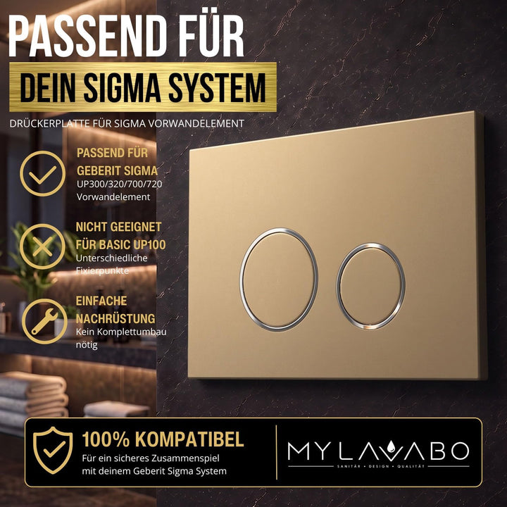 Drücker- & Betätigungsplatte passend für Geberit Delta (Kunststoff, gold, chrom Ringe) | go-chrom-de