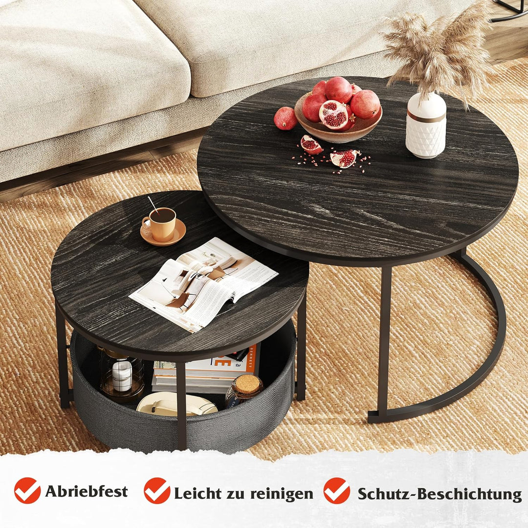 WLIVE Couchtisch Rund 2er Set, Beistelltisch mit Stoffkorb, Satztische Wohnzimmertisch mit Metallrah