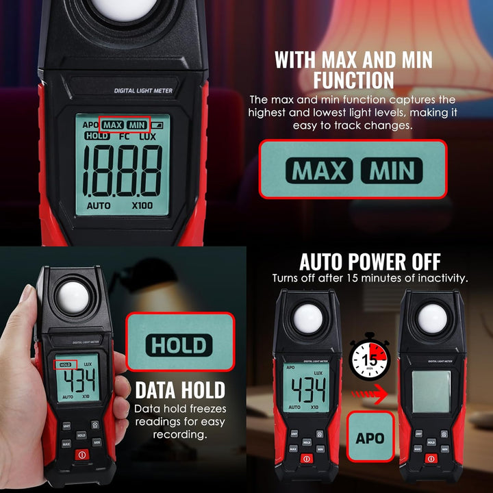 Digitales Luxmeter 0,01-200,000 Lux Lichtmessgerät für LED, Pflanzen, Fotografie, Leuchtdichte, Fuss