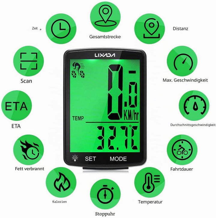 Lixada Fahrradcomputer Drahtloser multifunktionaler LCD-Bildschirm Fahrrad Regendichter Tachometer K