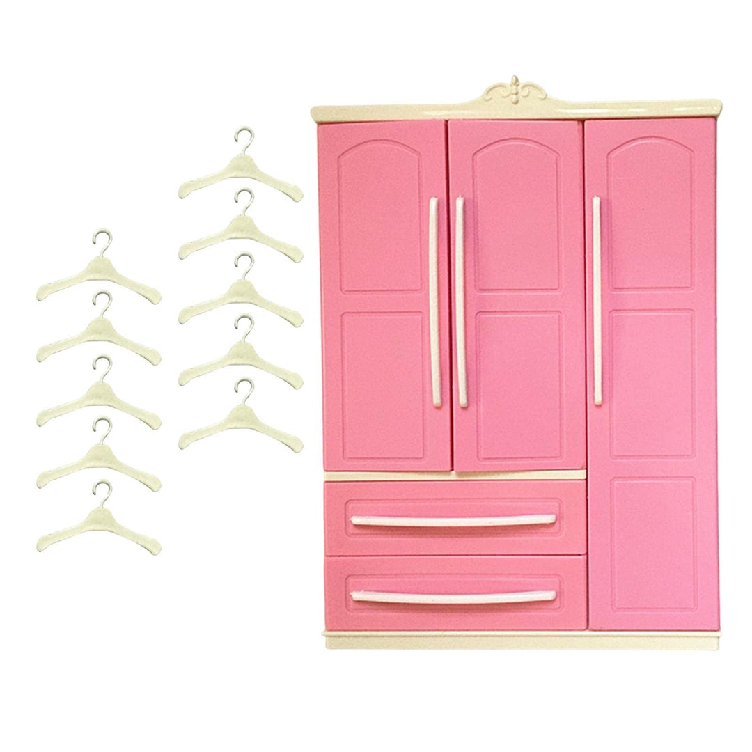 Milageto Puppengarderobe mit 10 Kleiderbügeln, Kleiderorganisation, Puppenhausdekoration, Schublade