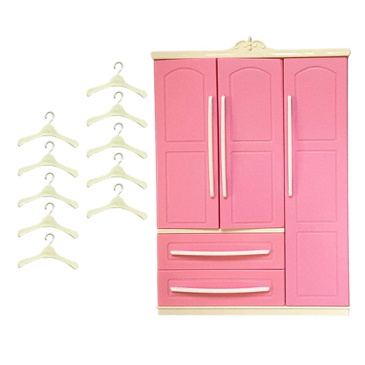Milageto Puppengarderobe mit 10 Kleiderbügeln, Kleiderorganisation, Puppenhausdekoration, Schublade