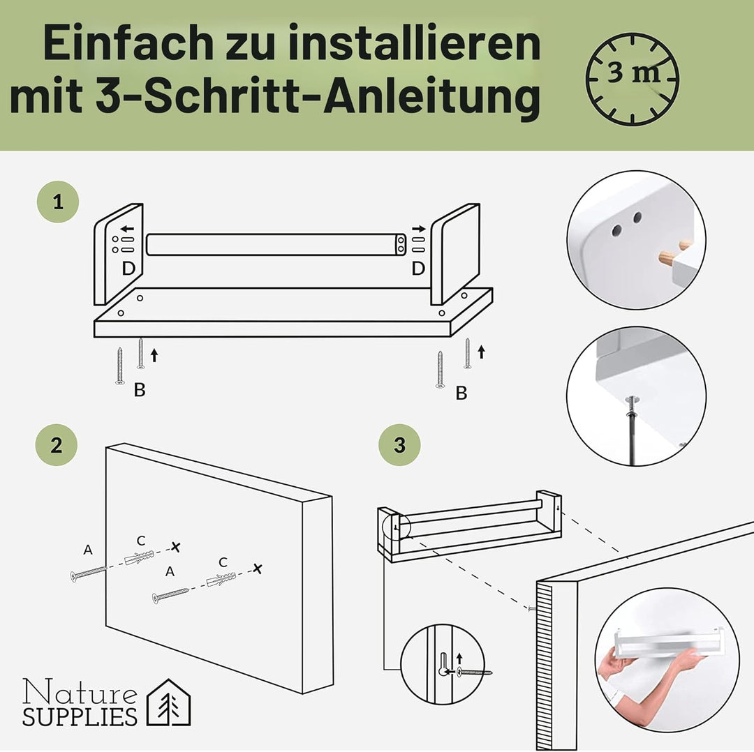 NATURE SUPPLIES Set 3 Rustikal Weiss Massivholz-Wandregale - Kinderzimmer - Ideal für Bücher und Spi