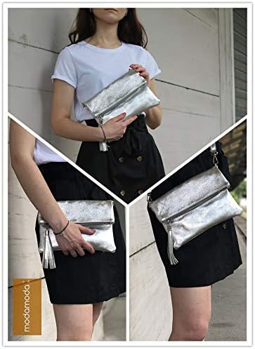 modamoda de - T167 - ital Clutch Umhängetasche Leder Klein Blassbraun, Blassbraun