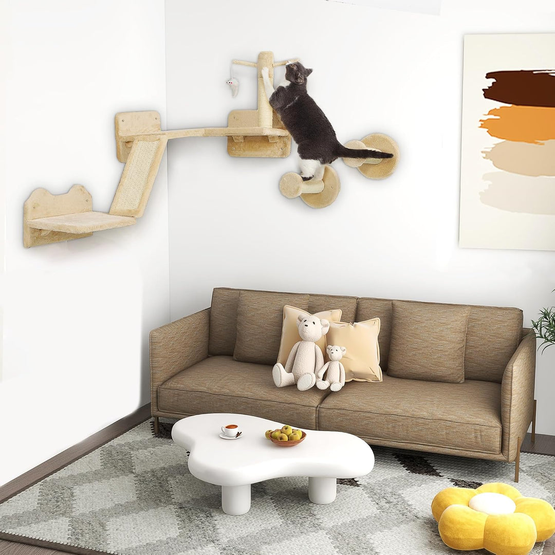 PawHut Kletterwand Katzen, 3-teilig Katzenkletterwand Set, Katzen Wandelemente mit Kratzbrett, Sprun
