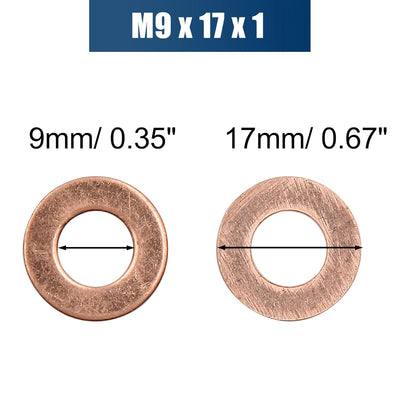 sourcing map 50 STK. Unterlegscheiben Flachdichtungsringe Kupferscheiben Abdichtungsring Auto 9mm In