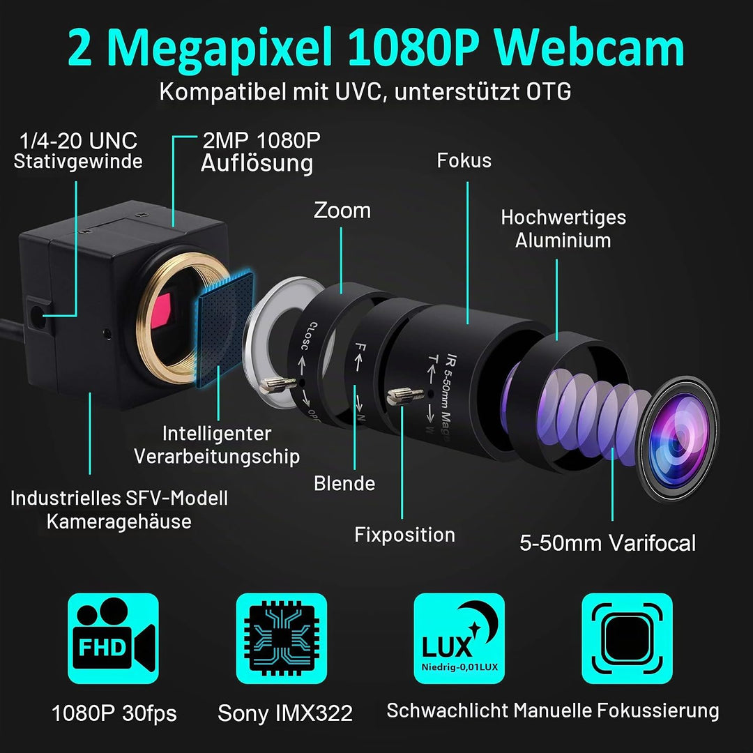ELP USB Kamera 1080P Low Illumination Webcam 5-50mm Optischer Zoom Objektiv Variabler Fokus IMX323 U