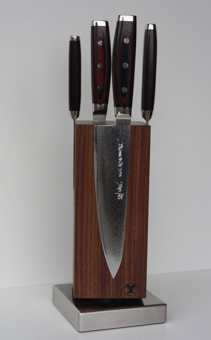 Blockwerk Magnet Messerblock"Monolith" Nussbaum + 4 Super Gou 161 Damastmesser + Messerschärfer MINO