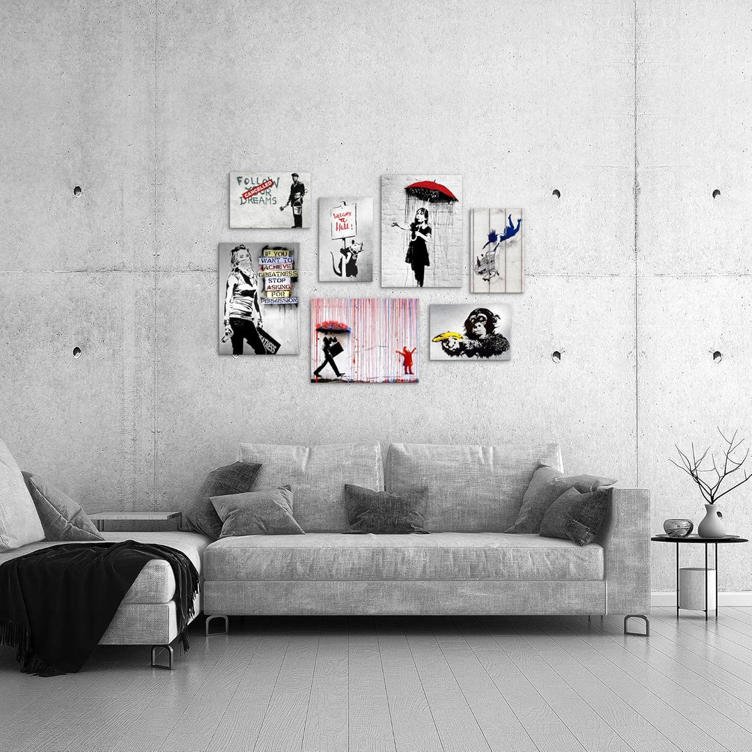 Novart Wandbilder Banksy Collage - KOMPLETT AUFHÄNGFERTIG - Street Art Wohnzimmer Büro - 7 Moderne M