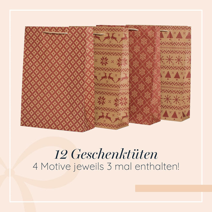100% Mosel Geschenktüten Weihnachten, in Natur/Rot, 12 Stück (25 x 34 x 8 cm), Weihnachtstaschen aus