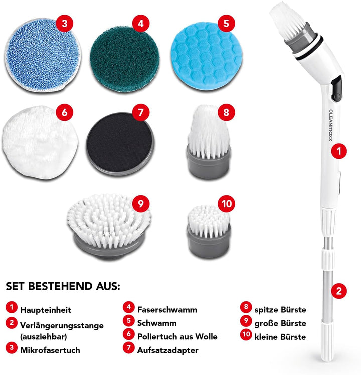 CLEANmaxx Elektrische Reinigungsbürste | Für alle Oberflächen - 7 Aufsätze & einstellbare Geschwindi