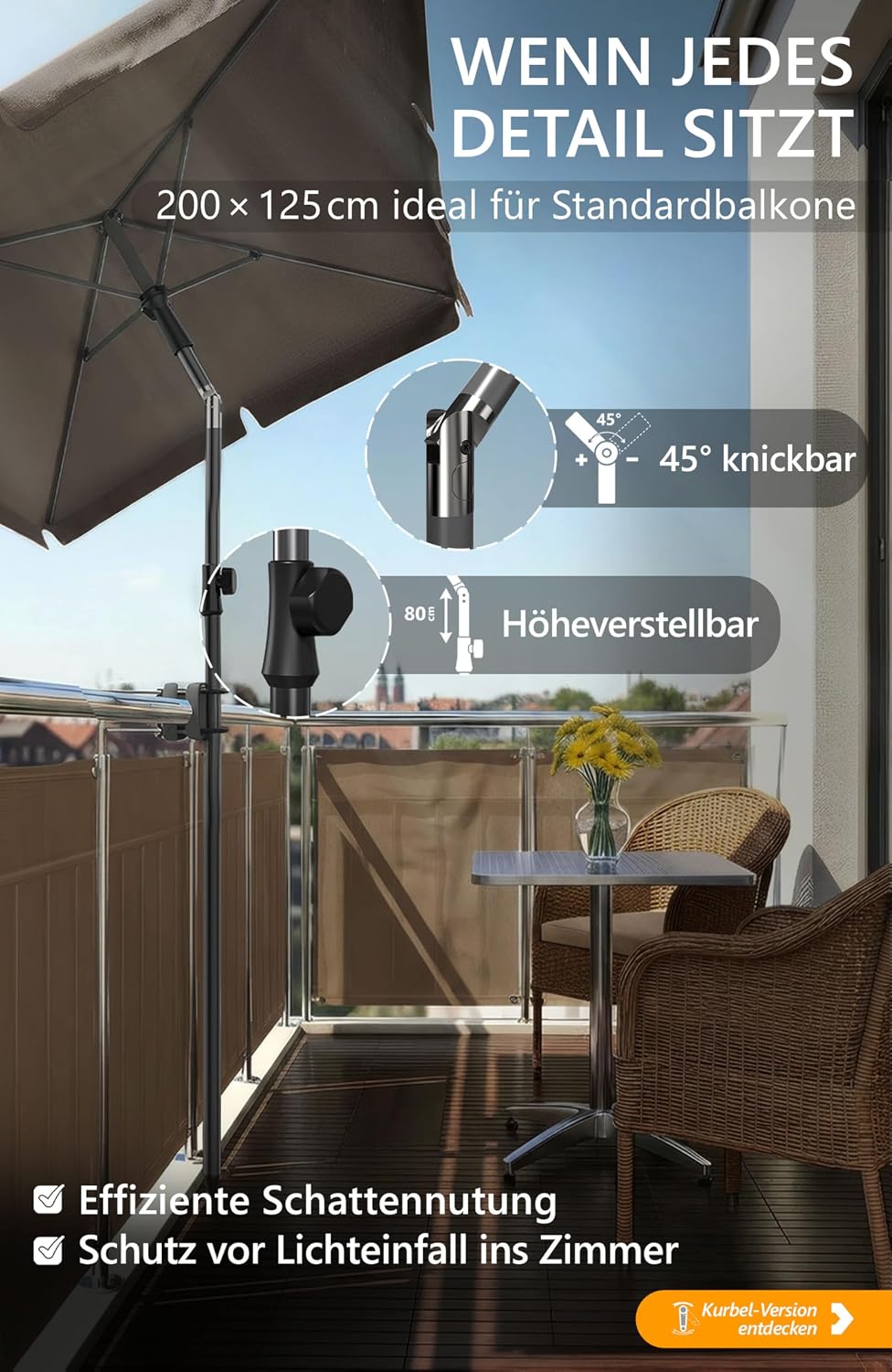 4smile Sonnenschirm Balkon 200 × 125 cm, Sonnenschirm rechteckig mit UPF 50+, 45° knickbar & höhenve