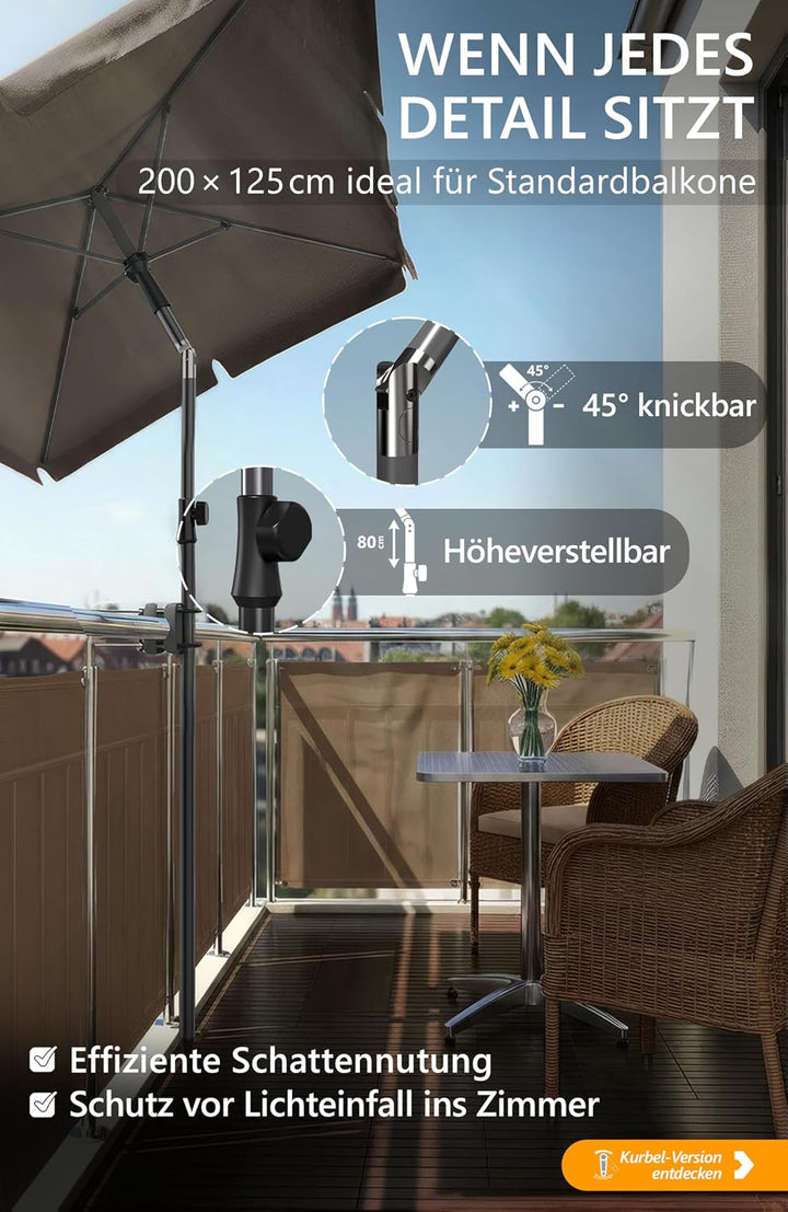 4smile Sonnenschirm Balkon 200 × 125 cm, Sonnenschirm rechteckig mit UPF 50+, 45° knickbar & höhenve