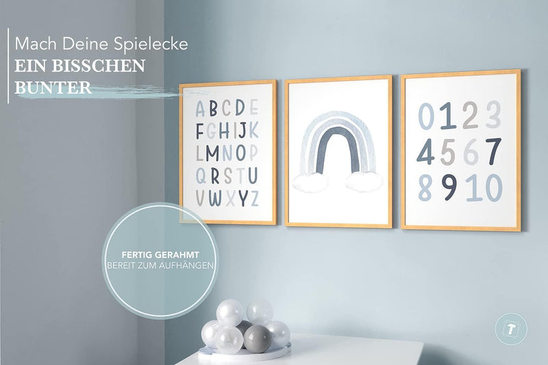 Papierschmiede® Kinderbilder 3er Set Lernposter, A4 gerahmt in Holzrahmen (Natur), Geschenk für Jung