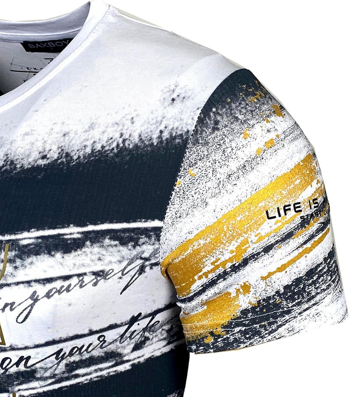 Herren Rundhals Vintage T-Shirt Kurzarm Slim Fit Design Fashion Top Print Shirt B-2778 M Weiss, M We