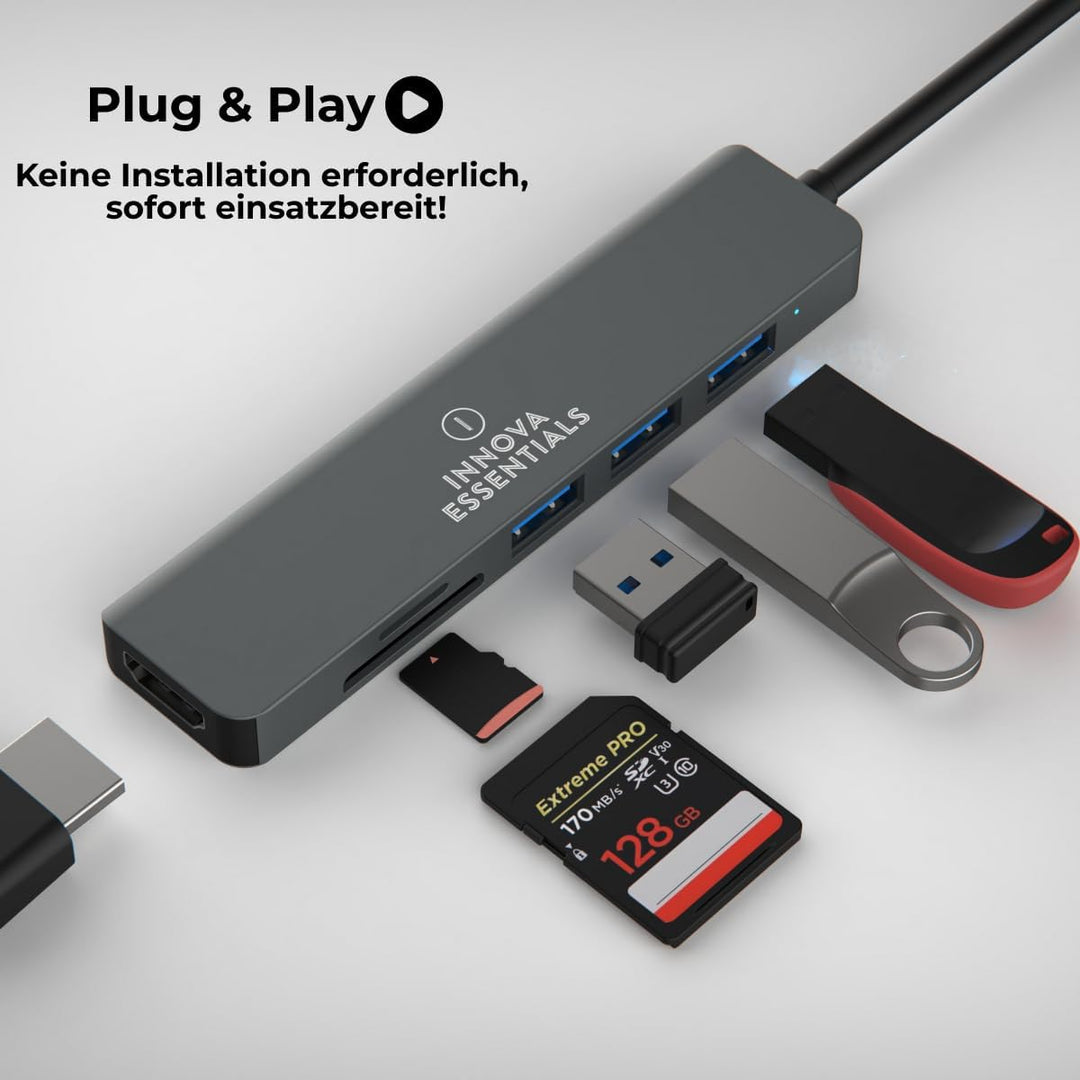Innova 6-in-1 USB-C Hub mit 4K@30Hz HDMI, 85W Power Delivery, USB-A/C-3.0-Ports mit 5 Gbps und SD/mi