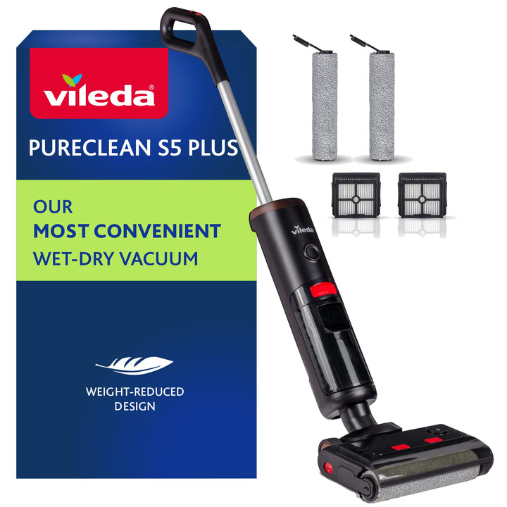 Vileda PureClean S5 Nass-Trockensauger mit Zubehör (2 Rollen, 2 Filter) | Kabelloser Akku Saugwische