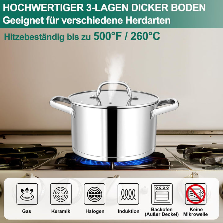 Homikit Kochtopf, 22cm Edeastahl Topf Nudeltopf Induktion 4,7L, Suppentopf mit Glasdeckel & 3-Lagen