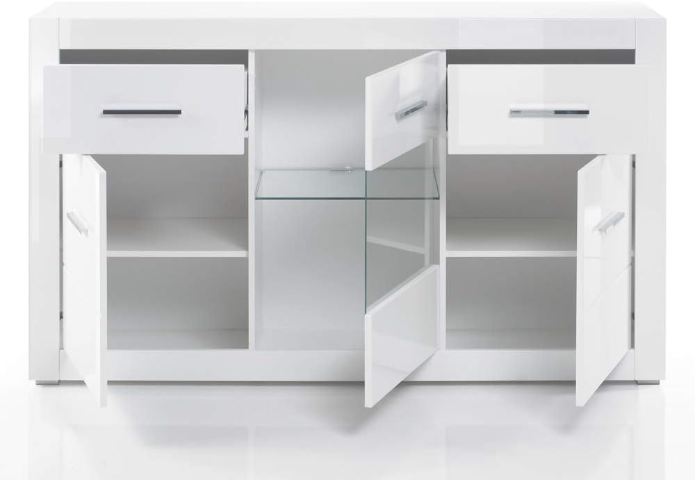 Lomadox Sideboard in weiss Hochglanz Breite: 164cm inkl. LED-Glaskantenbeleuchtung