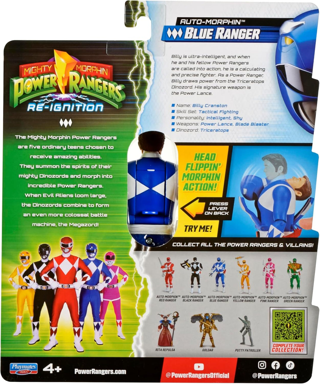 Power Rangers - Auto-Morphin, 2-in-1-Figur mit Gelenken, 15 cm, Blauer Ranger – Billy Cranston, für