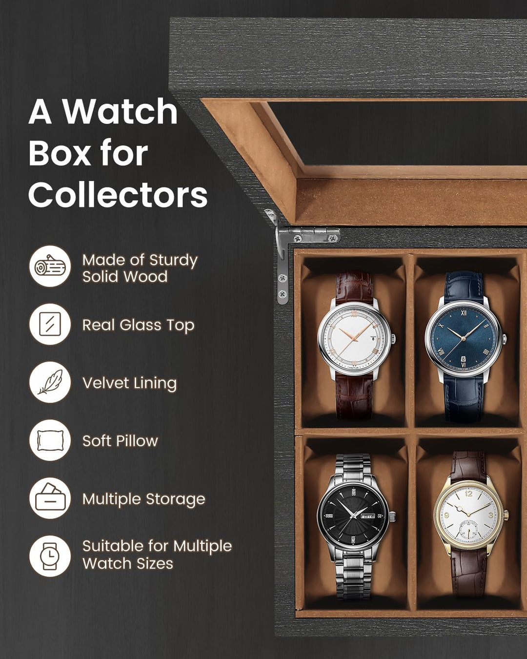 Uten Uhrenbox mit 12 Fächern, Uhrenbox aus Massivholz mit Glasabdeckung, Aufbewahrungsbox für Herren