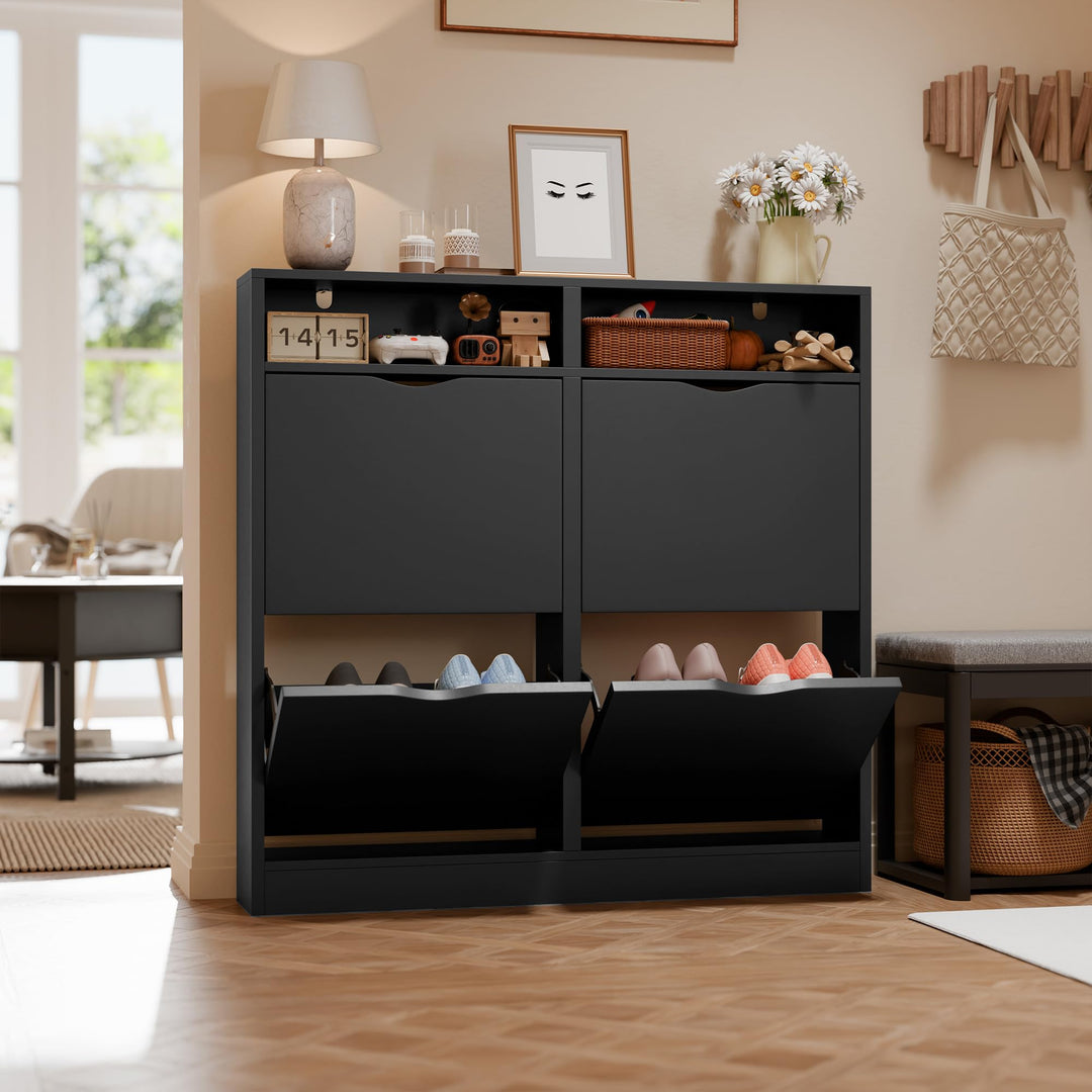 ELUCHANG Schuhschrank schmal mit 4 Klappen Platzsparender, Geschlossen Schuhregal Schuhkipper Schuhk