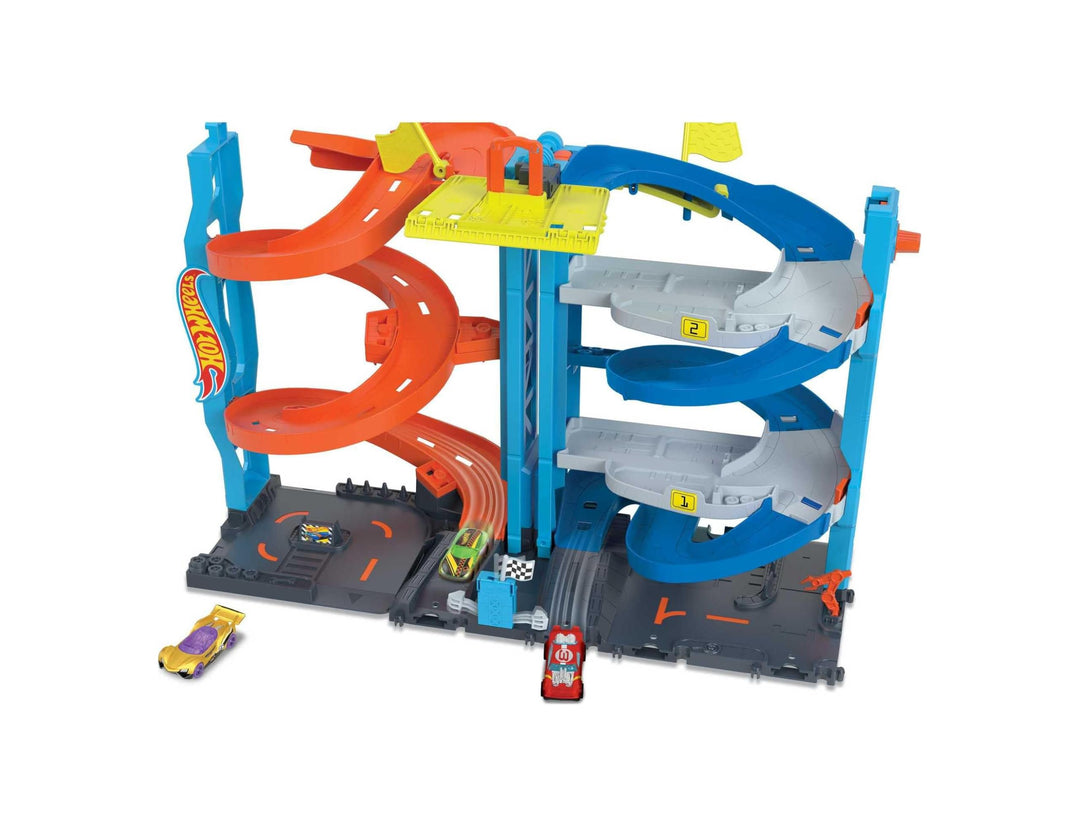 Hot Wheels City Trackset mit 1 Auto, 2-in-1-Rennturm, von Einzelbahn in zweispurige Rennbahn umwande