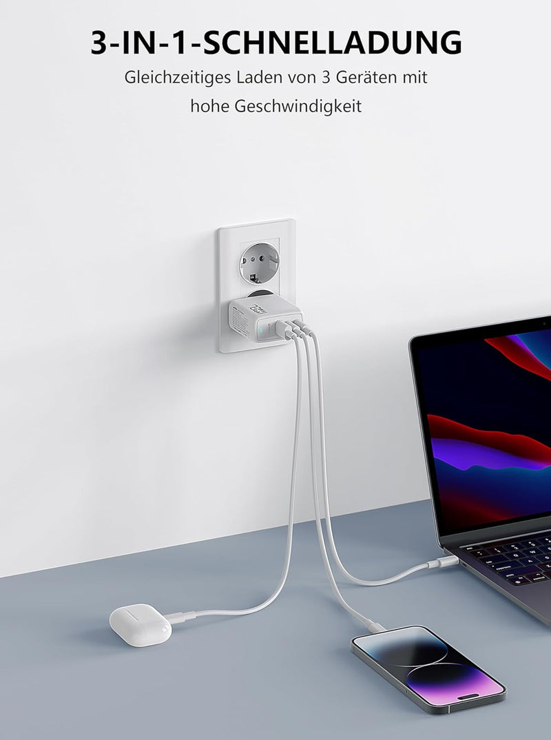 AVUMDA 70W USB C Ladegerät,3 Port USB C Netzteil GaN III Schnellladegerat kompatibel mit MacBook Pro