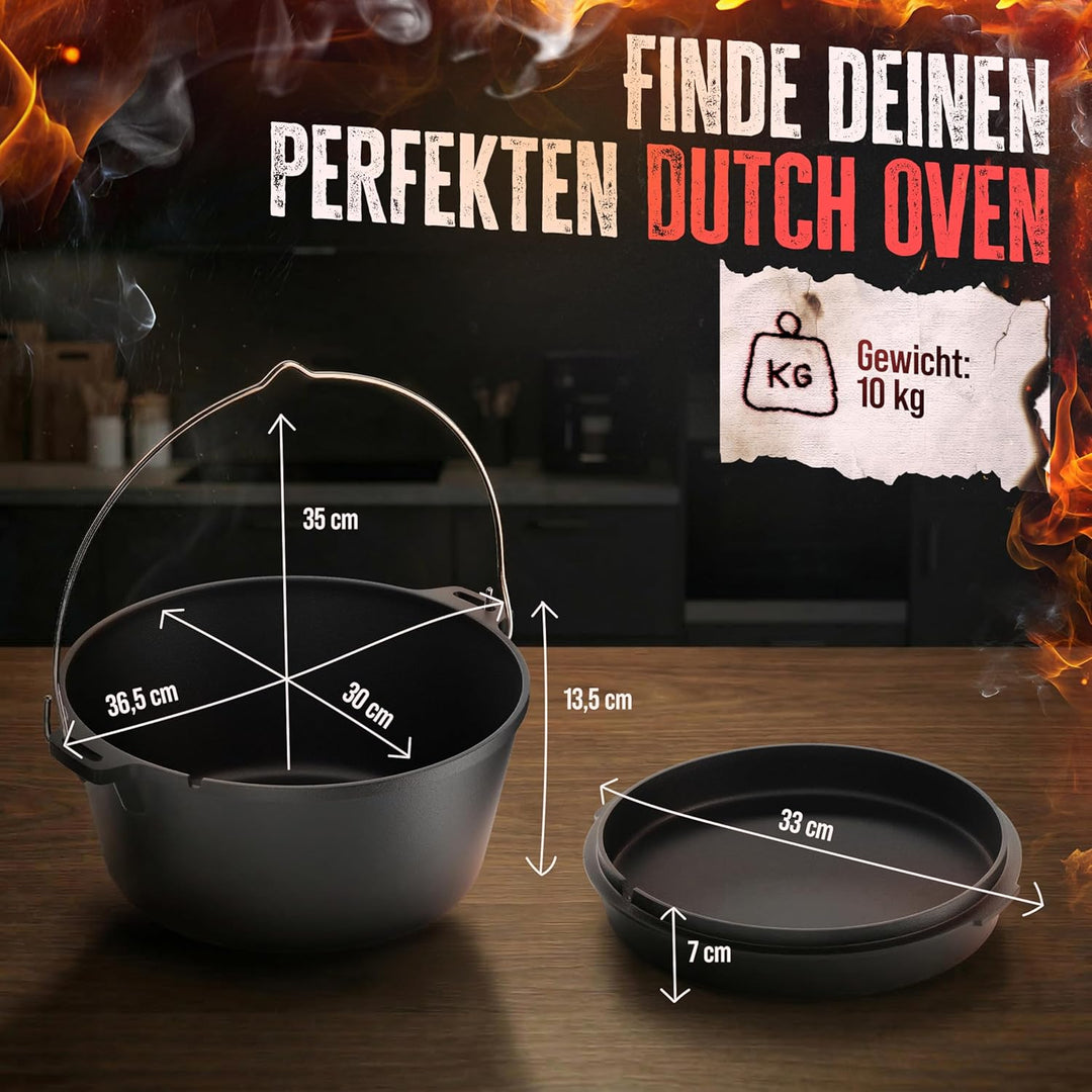 AMZBBQ® Premium Dutch Oven – Doppelt Eingebrannter Gusseisen Feuertopf – Rostbeständiger Schmortopf