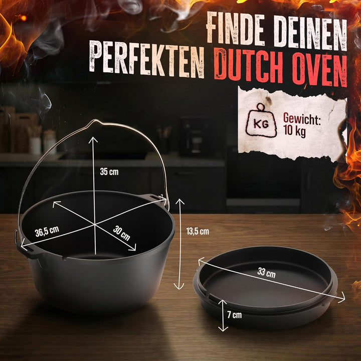 AMZBBQ® Premium Dutch Oven – Doppelt Eingebrannter Gusseisen Feuertopf – Rostbeständiger Schmortopf
