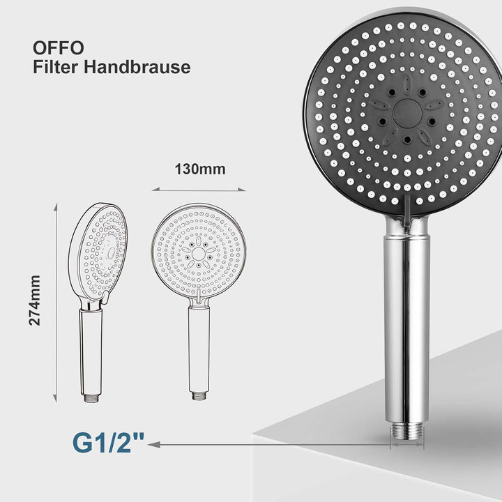 OFFO Duschkopf mit Schlauch 1,6m und Halterung, Handbrause mit Filter 6 Strahlarten, Duschkopf Gross